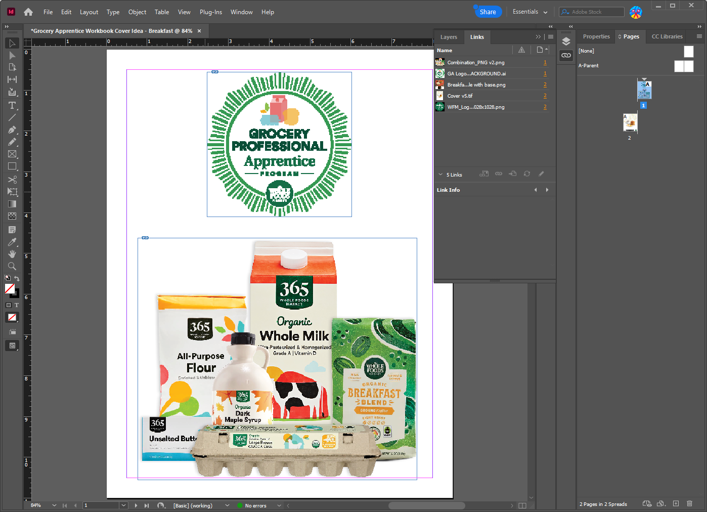 Grocery Professional Apprentice Program workbook cover, shown mid-layout in Adobe InDesign, featuring a circular badge logo and product photography of pantry staples.